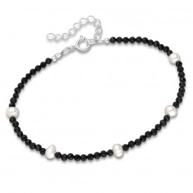 Sterling Silver Thread Bracelet, Black spinel with Freshwater Pearls